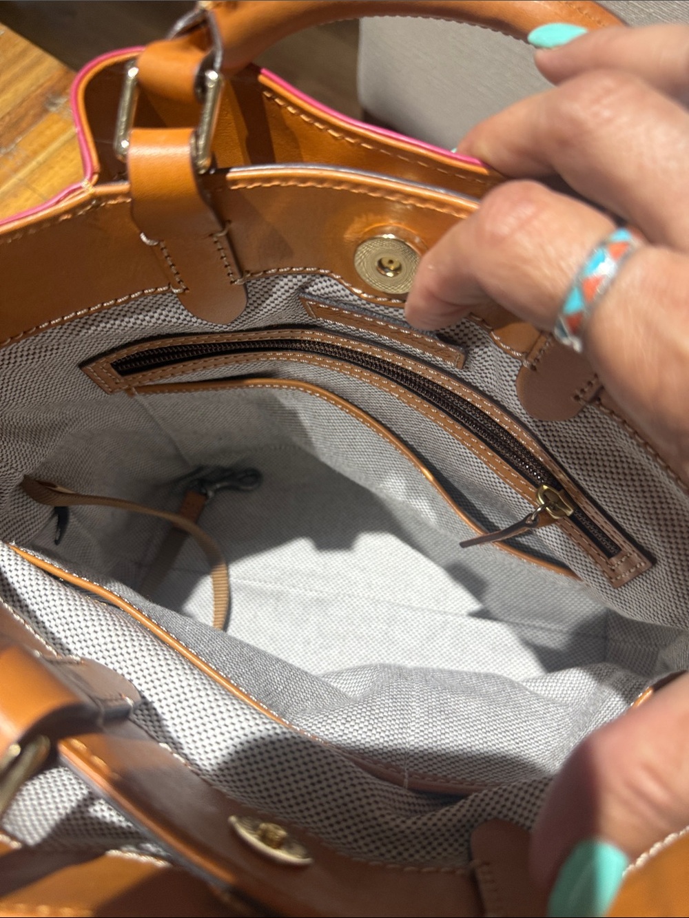 Dooney & Bourke Pink-Red Patent Satchel with Tan Trim - Picture 9 of 10